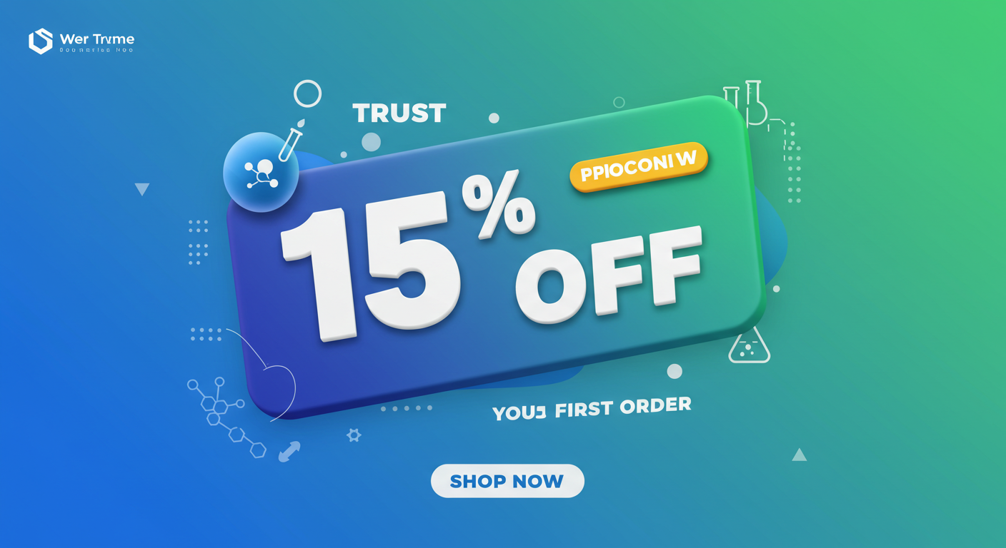 Special promotion banner for 15% off first order at Chemo Research Hub